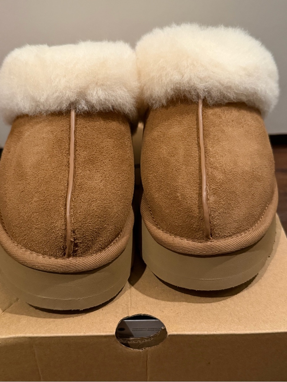 UGG Platform Chestnut Slip-On Slippers with Cream Shearling- Women’s- Size 6